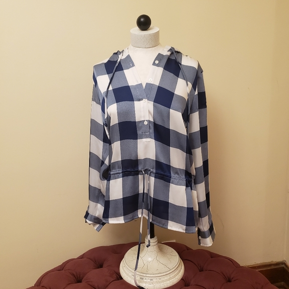 Michael Kors Blue White Checked Hooded Henley - Picture 6 of 8